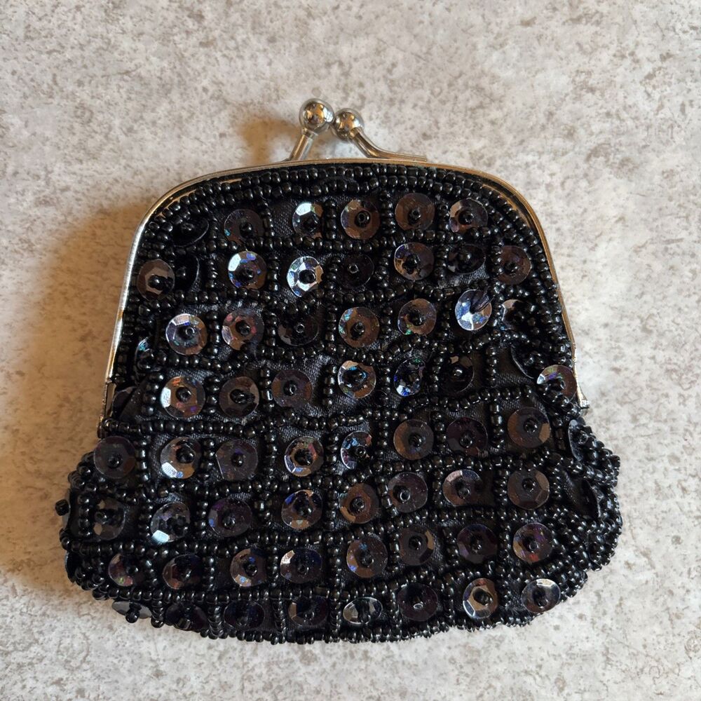 Black Beads & Sequence Far Nine Lock Clasp Coin Purse 3.5" X 3.5" Boho